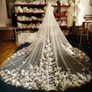 Ivory/White Bridal Veils Long Flowers Tulle Lace Cathedral Veils Luxurious Wedding Accessories velo para novia 3/4 Meters