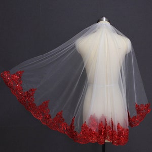Bling Sequins Red Lace White Ivory Tulle Short Wedding Veil One Layer Bridal Veil with Comb Wedding Accessories