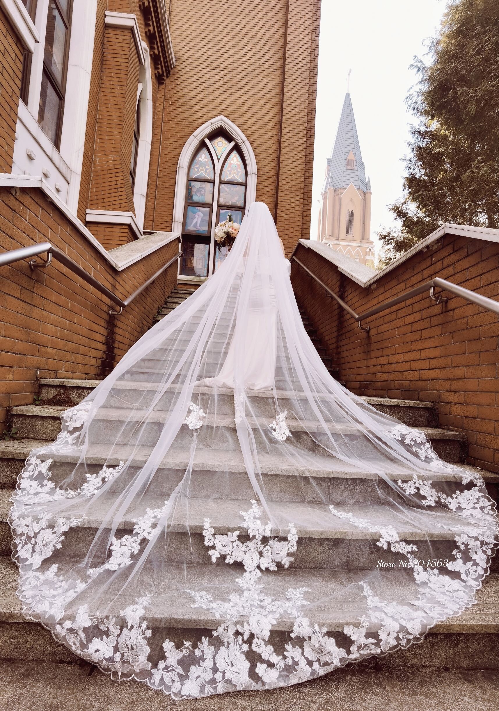 One Blushing Bride Cathedral Veil with Floral French Lace Trim, White/ Ivory White / Cathedral 108 Inches / Lace All The Way Up