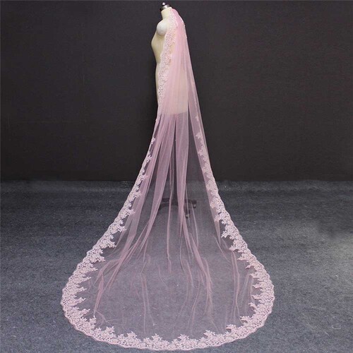 Pink Long Wedding Veil with Comb One Layer 3 shops Meters Cathedral Bridal Veil Colorful Voile Mariage