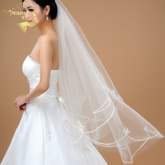 140cm Wholesale Cheap Simple Tulle Wedding Veils Ribbon Edge