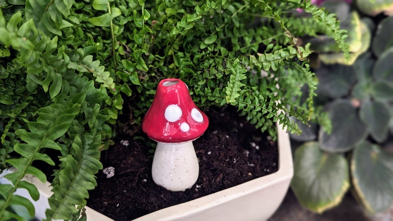 Small Toadstool Plant Watering Spike handmade ceramic indoor/outdoor functional garden decoration Red