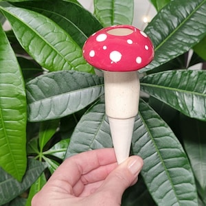 Medium Mushroom plant care watering globe handmade ceramics indoor outdoor garden decorations Red with Spots