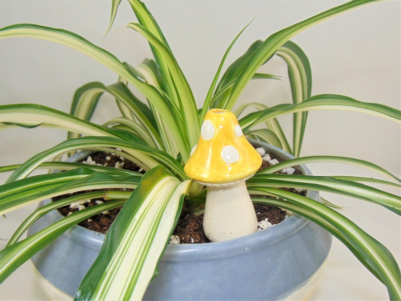 Small Toadstool Plant Watering Spike handmade ceramic indoor/outdoor functional garden decoration Yellow