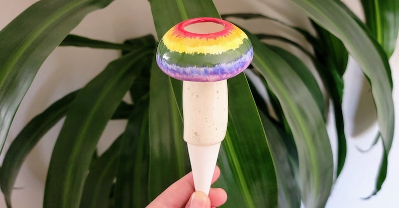 Medium Mushroom plant care watering globe handmade ceramics indoor outdoor garden decorations Rainbow