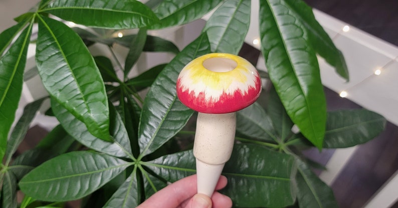 Medium Mushroom plant care watering globe handmade ceramics indoor outdoor garden decorations Red & Yellow