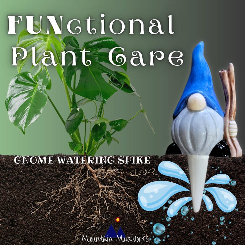 Handcrafted ceramic watering spike shaped like a charming garden gnome with a blue hat and white beard, featured with a green plant rooted in soil, showcasing its functionality with water droplet graphics to emphasize its practicality for eco-friendly plant care by Mountain Mudworks.