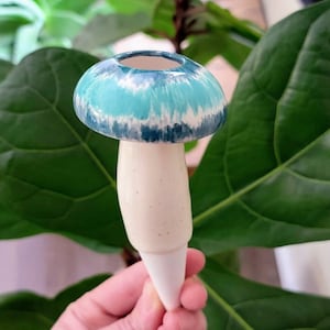 Medium Mushroom plant care watering globe handmade ceramics indoor outdoor garden decorations Teal Tie-dye