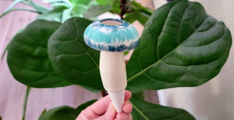 Medium Mushroom plant care watering globe handmade ceramics indoor outdoor garden decorations Teal Tie-dye