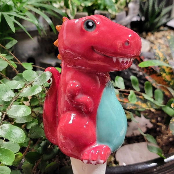 Friendly Dinosaur T-Rex Plant Watering Spike - Premium Ceramic Houseplant Olla - Plant Care Made Easy - Handmade in Colorado