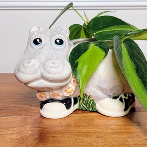 May include: A white ceramic hippopotamus planter with pink flowers and black shoes, holding a green and yellow variegated plant.