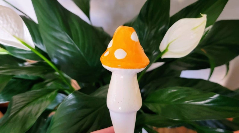 Small Toadstool Plant Watering Spike handmade ceramic indoor/outdoor functional garden decoration Orange