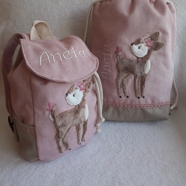 Kinderrucksack Kindergartenrucksack Kitarucksack Turnbeutel Boho Reh Rehkitz mit Name personalisiert handgemacht