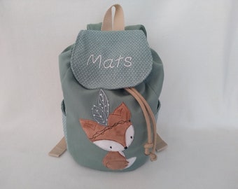 Kindergarten bag, kindergarten backpack, boho fox design, mint, children's backpack, children's bag, handmade, personalized with name