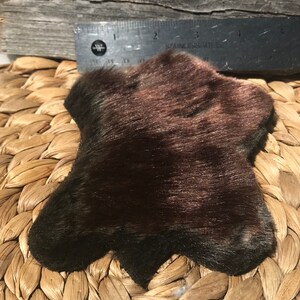 K&ouml;nnte beinhalten: Ein dunkelbraunes Kunstfellst&uuml;ck mit leicht unregelm&auml;&szlig;iger Form. Das Fell ist weich und flauschig mit einem leichten Glanz. Das St&uuml;ck ist etwa 10 cm breit und 12,5 cm lang.