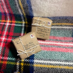 May include: Two small brown packages wrapped in twine with handwritten addresses to "North Pole" on a red and green plaid background. The packages are addressed to "Tommy Smith" and "Judy Mini".
