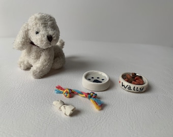 Dollhouse Miniature Personalized Dog Dishes, Bones and Toy Set of 4, 1:12 Scale, Mini Dog Accessories