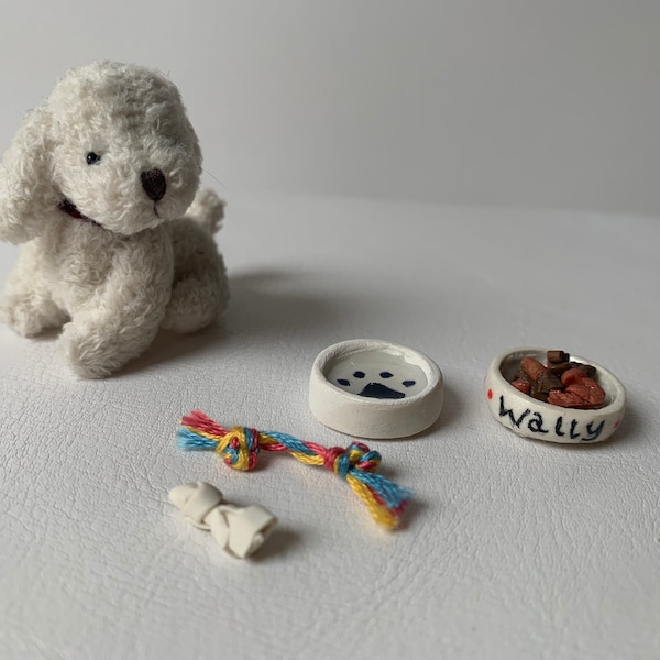 Dollhouse Miniature Personalized Dog Dishes, Bones and Toy Set of 4, 1:12 Scale, Mini Dog Accessories