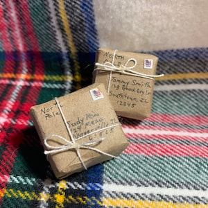 May include: Two small brown packages wrapped in twine with handwritten addresses. The packages are labeled "North Pole" and include addresses for "Tommy Smith, 123 Good Boy Ln, Southtown, IL 12345" and "Judy Mesa, 124 Mesa, Waverlyville, IL 60515".