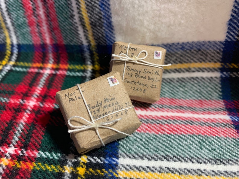 May include: Two small brown packages wrapped in twine with handwritten addresses. The packages are labeled "North Pole" and include addresses for "Tommy Smith, 123 Good Boy Ln, Southtown, IL 12345" and "Judy Mesa, 124 Mesa, Waverlyville, IL 60515".