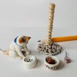 Dollhouse Miniature Cat Dishes and Toys, 1:12 Scale, Miniature Cat Accessories, Personalized