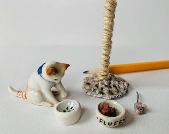 Dollhouse Miniature Cat Dishes and Toys, 1:12 Scale, Miniature Cat Accessories, Personalized