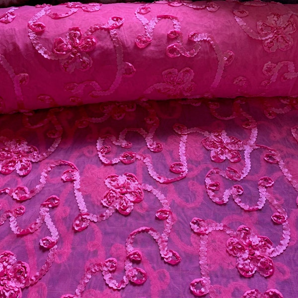 Cinta Bordado Tela de encaje rosa 60 "Vestido de novia elástico Prom - Precio por 1/2 yarda - Un corte continuo