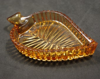 Vintage brown glass caviar server, Leaf-shaped caviar dish, Small crystal leaf plate, Spoon rest, Tea bag holder
