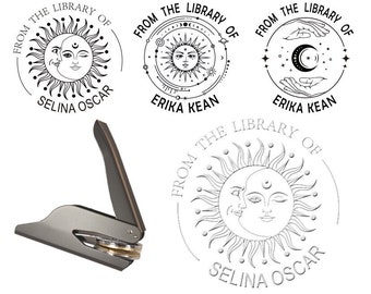 De la biblioteca de gofradero, cara de sol Book Embosser, sello de sun y luna embosser, grabador de sello personalizado, juego de regalo de amor