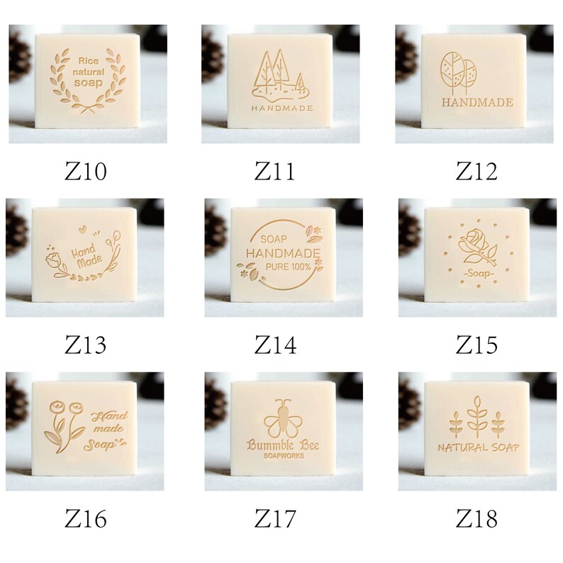 May include: Set of 8 different rubber stamps for soap making. Each stamp features a unique design, including a wreath, trees, a bee, a rose, and more. The stamps are made of high-quality rubber and are perfect for adding a personal touch to your handmade soaps.