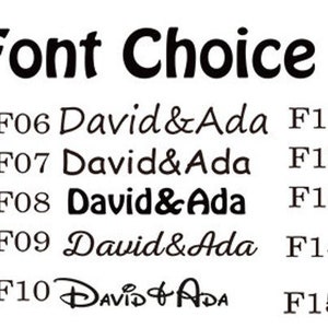 May include: A chart showing 15 different font styles for the names "David & Ada".