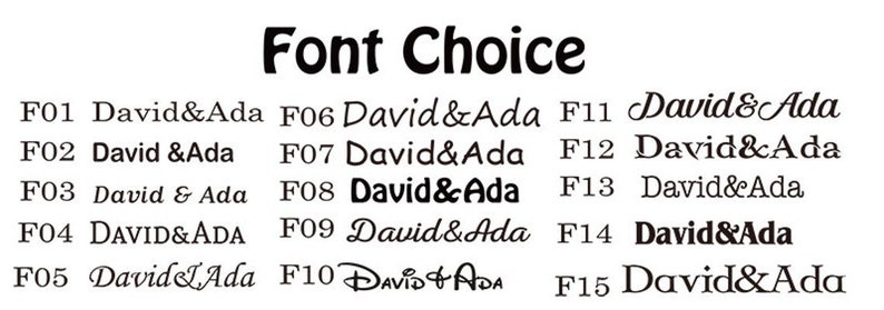 May include: A chart showing 15 different font styles for the names "David & Ada".