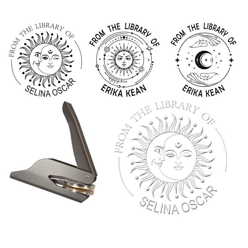 From the library of embosser, sun face Book Embosser,Sun and Moon Embosser stamp,Personalized Seal Embosser,love gift set image 1