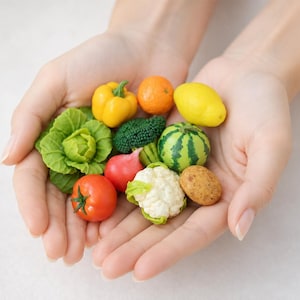 Könnte beinhalten: Eine Sammlung von Miniatur-Obst und -Gemüse, bestehend aus einem grünen Kohl, einer gelben Paprika, einer Orange, einer Zitrone, Brokkoli, einer Wassermelone, einem roten Radieschen, einer roten Tomate, einem weißen Blumenkohl und einer braunen Kartoffel.