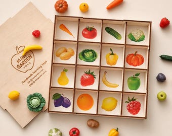 Montessori Inspired Fruit & Vegetable Sorting Set, 16 Handmade Polymer Clay Miniatures, Wooden Matching Box