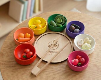 Color Sorting Bowls with Wooden Tweezers, 21 Handmade Polymer Clay Fruit & Vegetable Miniatures