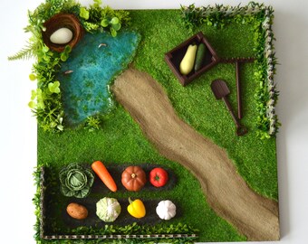 Mini Farm Play Set with Miniature Vegetables, Handmade Polymer Clay Farm Diorama for Small World Play
