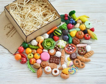 Sensory bin: polymer clay toy set, miniature food, miniature bakery, fake fruit and vegetables, Montessori toys, preschool learning