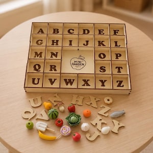 ABC Sorting Game with Mini Food Objects, Wooden Alphabet Box for Letter Matching Activity