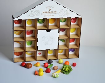 Sorting set: wooden house toy with polymer clay figurines fruits&vegetables, Montessori toys, sensory toy, educational toy, toddler gift