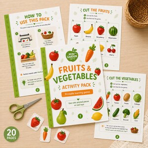 May include: A set of educational activity pages titled "Fruits & Vegetables Activity Pack" with colorful illustrations of fruits and vegetables. Includes cut-out pieces, scissors, and instructions. The pack has 20 pages.