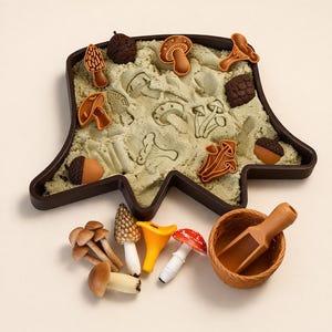 Cestino sensoriale a forma di ceppo d'albero, kit di sabbia cinetica con mini funghi di argilla