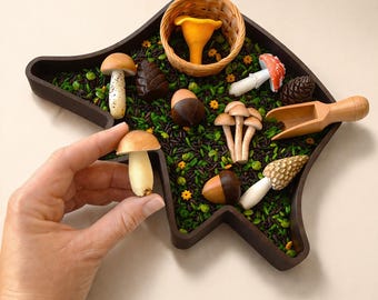 Woodland Sensory Bin, Tree Stump Tray, Mini Mushrooms