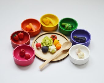 Colors sorting set with miniature vegetables Wooden Montessori toys Rainbow Color Sorting Bowls Color learning toy