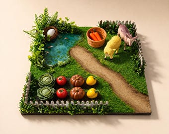 Miniature Farm Play Set with Animal Figurines & Handmade Polymer Clay Vegetables for Small World Play