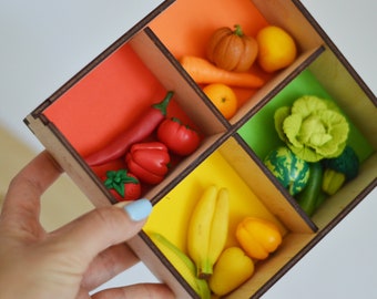 Educational sensory toy: colors sorting set with miniature food, mini vegetables and fruits, Montessori toys, Handmade wood toys, baby gift