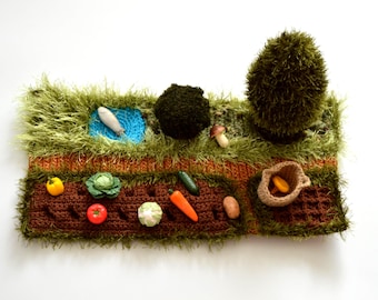 Crochet Garden Playset with Polymer Clay Vegetables, Montessori Sensory Kit