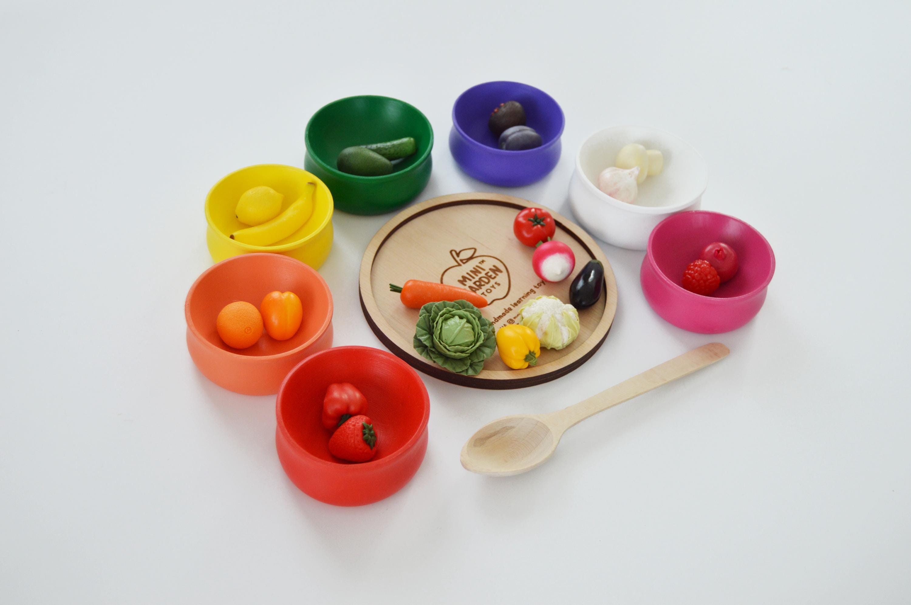 Miniature Food Color Sorting Set With Wooden Plates and Spoon, Airplane ...