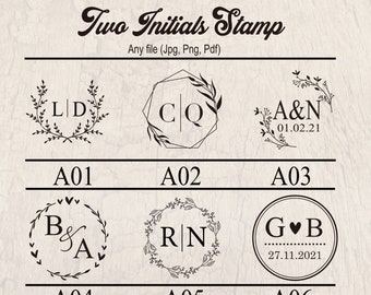 May include: Six different designs for a two-initial stamp. The designs feature a variety of fonts, floral wreaths, and hearts. The text "Two Initials Stamp" is at the top of the image. The text "Any file (Jpg, Png, Pdf)" is below the title.