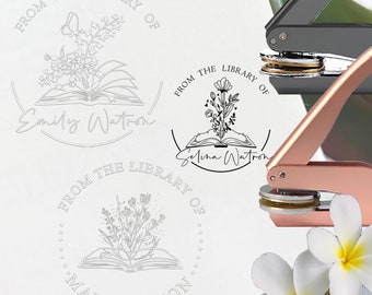 Custom Design From the Library of, Book Belongs to, Ex Libris, Stack Books, Floral Book embosser custom with your name